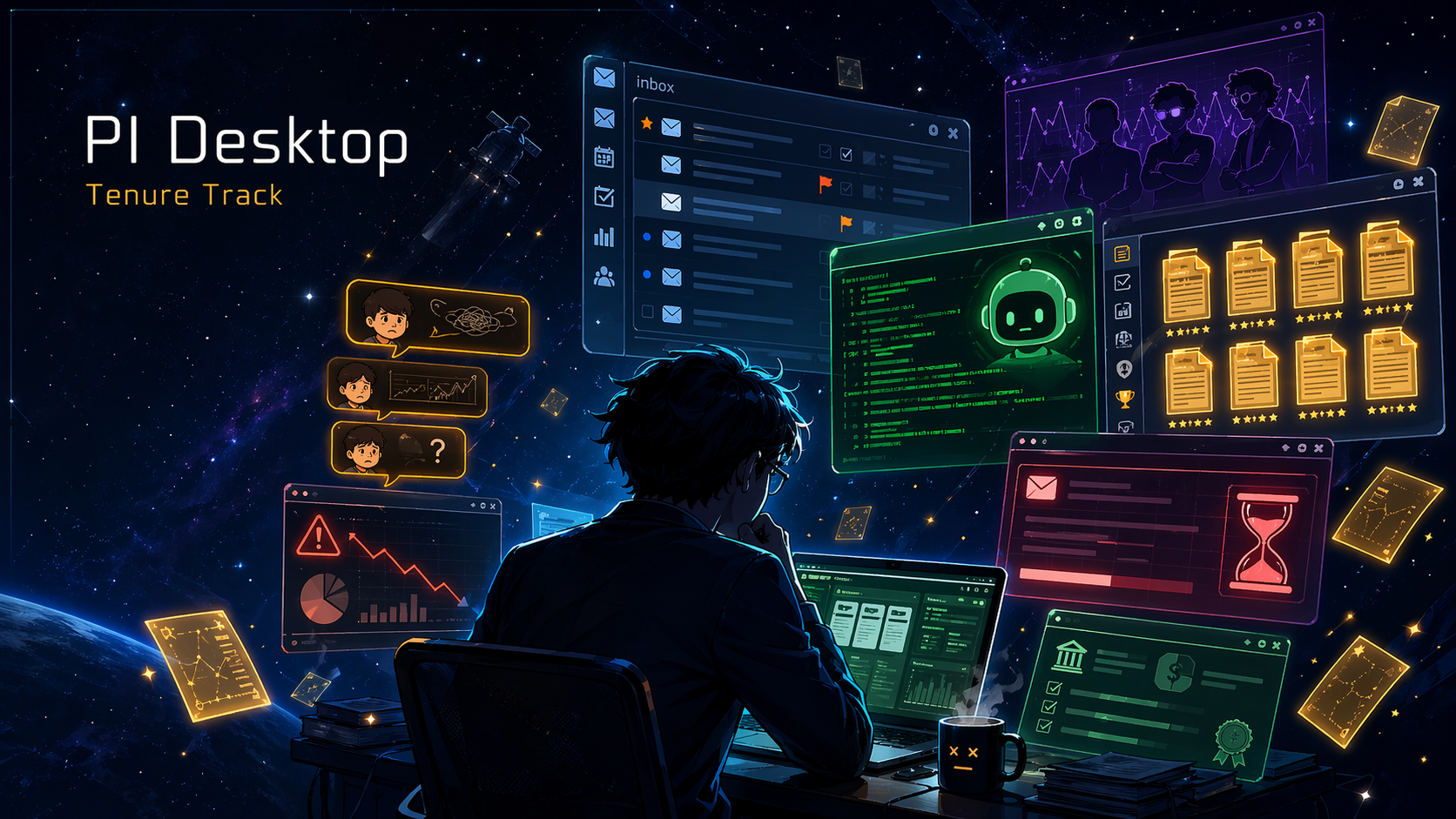 PI Desktop 主视觉：理论核物理 PI 在科研操作系统中调度 AI、学生和论文任务